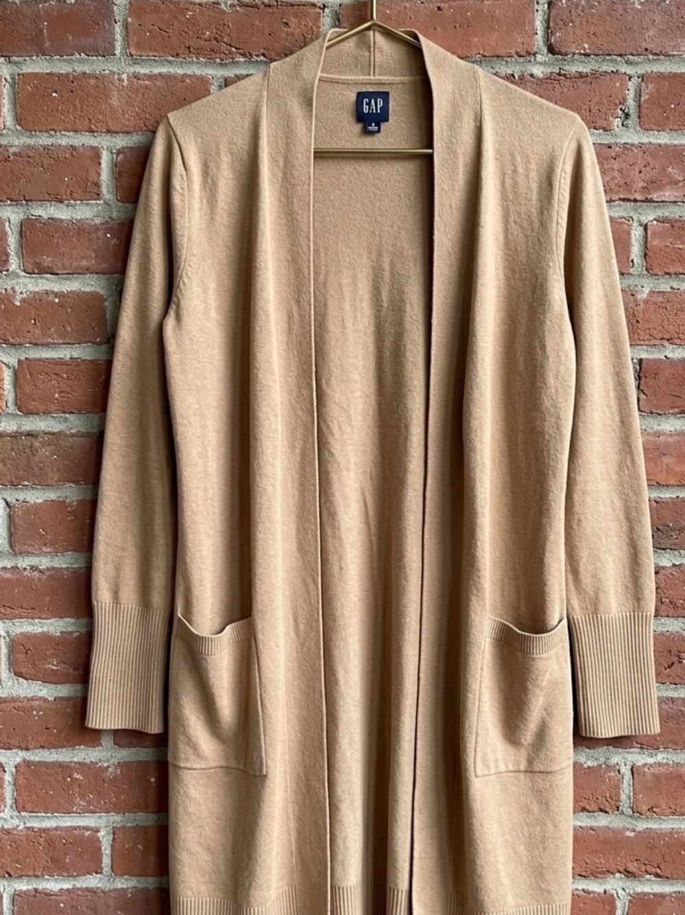 NWOT GAP Camel Tan Open Front Longline Duster Cardigan with Pockets – Size Small